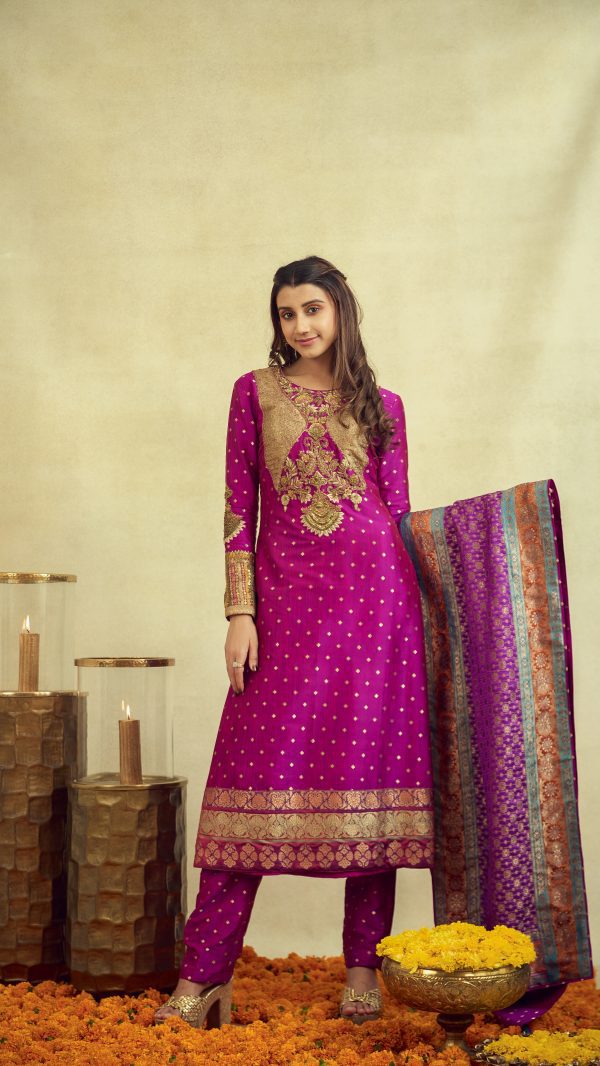 Magenta Straight Kurta Set With Dupatta
