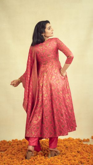 Peachish Red Embellished Jacket Anarkali Set